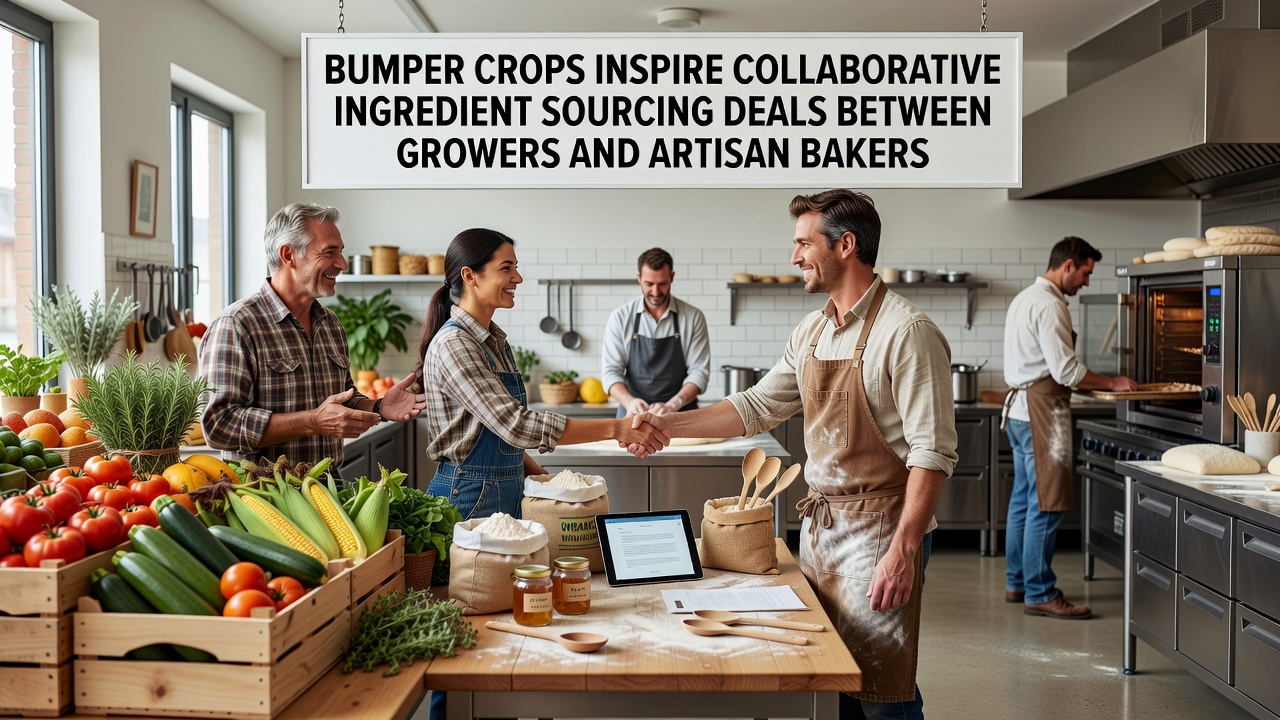 Artisan baker kneading dough made from freshly sourced flour while discussing harvest details with a local grower
