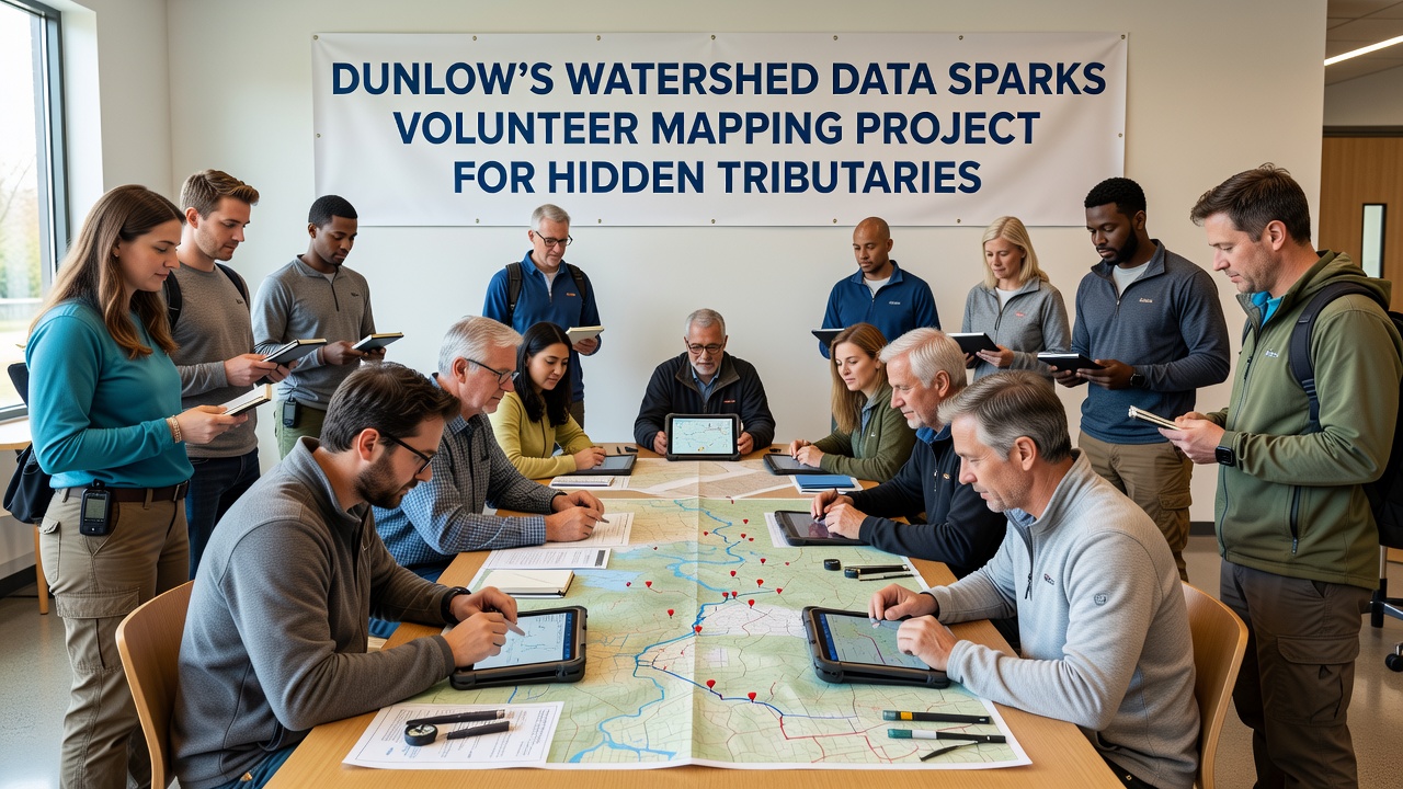 Volunteers using GPS equipment to map a hidden tributary in the Dunlow area