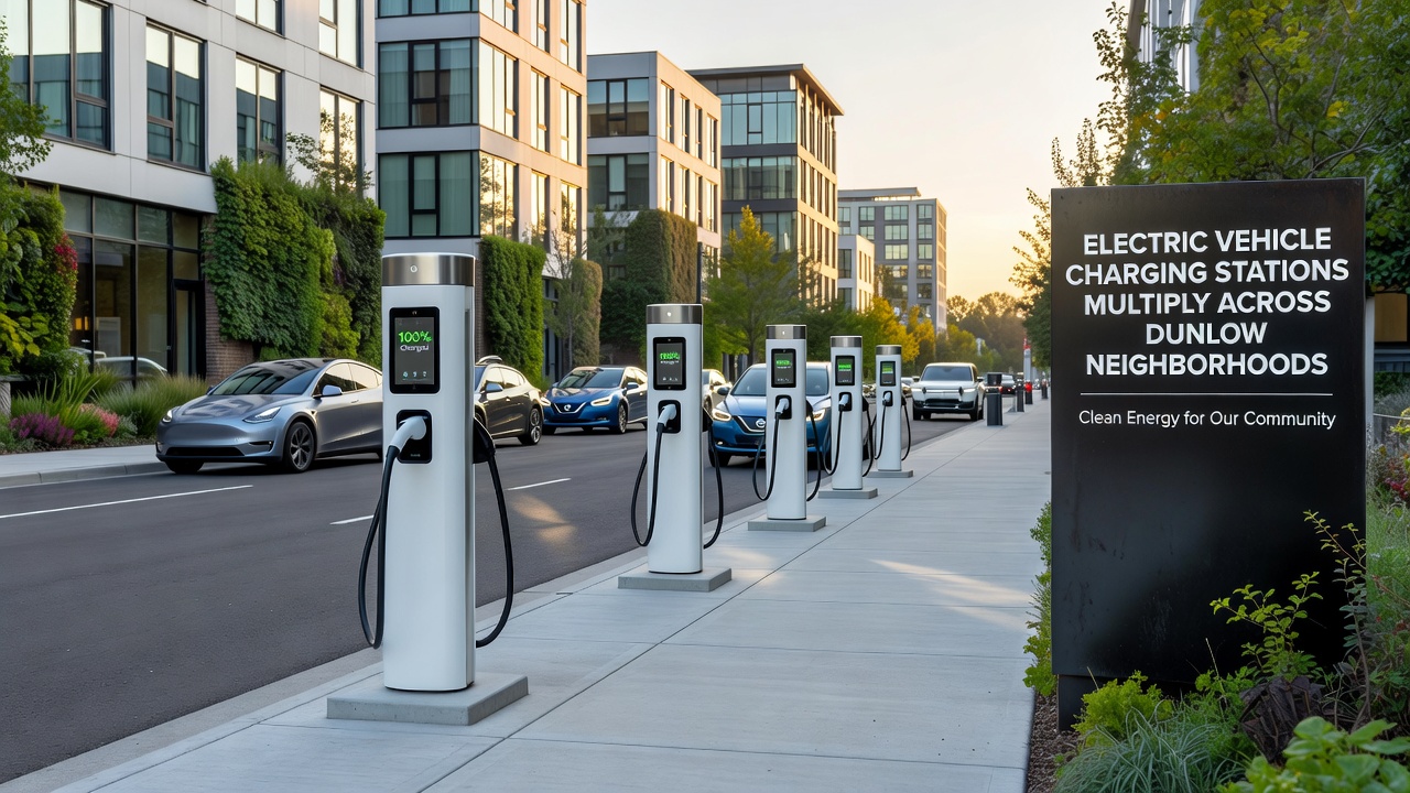 Technicians performing maintenance on newly installed EV chargers in a Dunlow parking area
